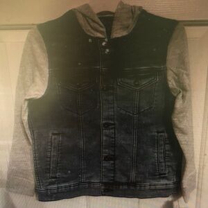 Denim Jacket with Gray Hooded Sleeves - Black and Gray